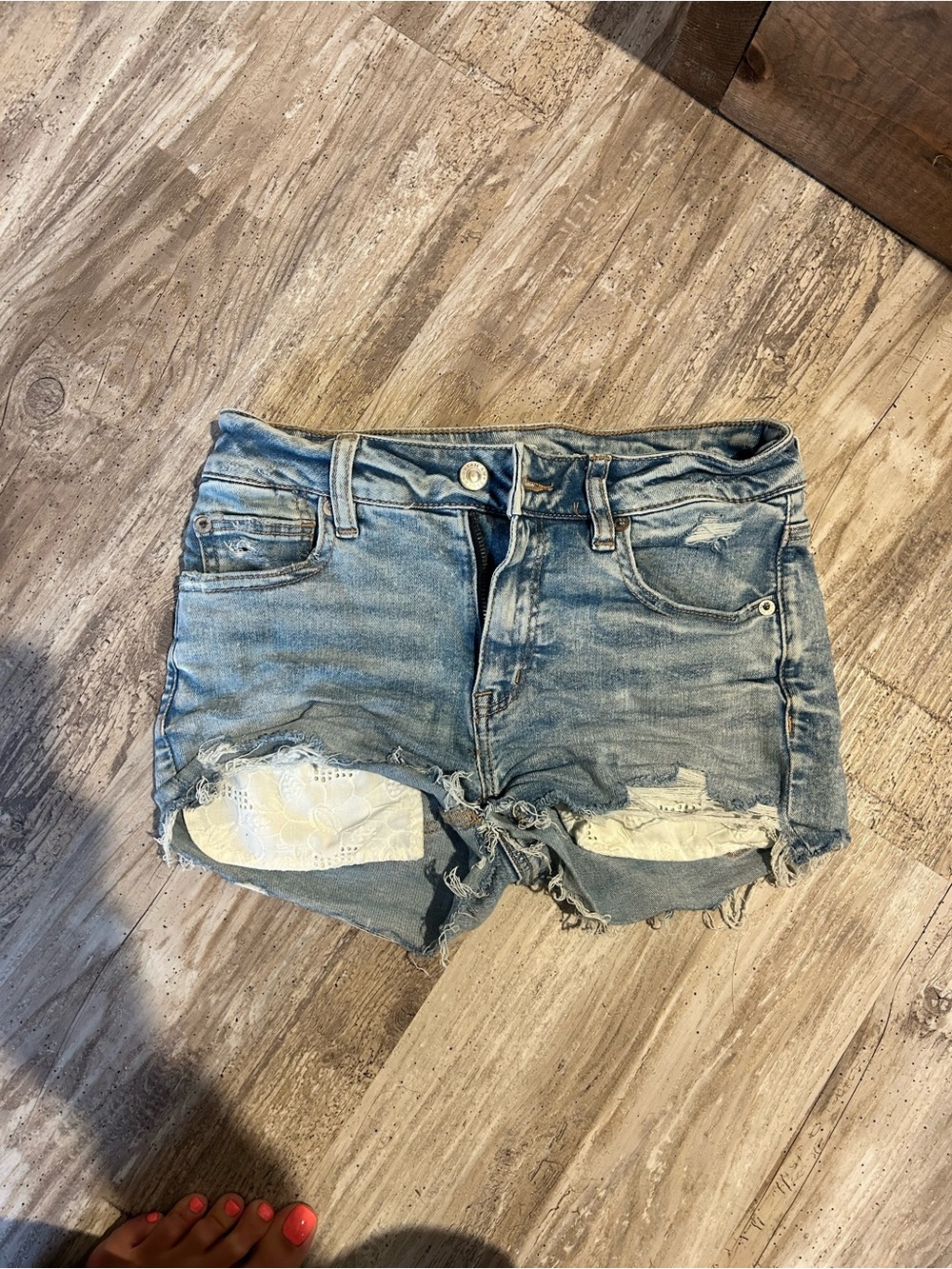 American Eagle Outfitters Light Blue Distressed Lace-Trim Jean Shorts